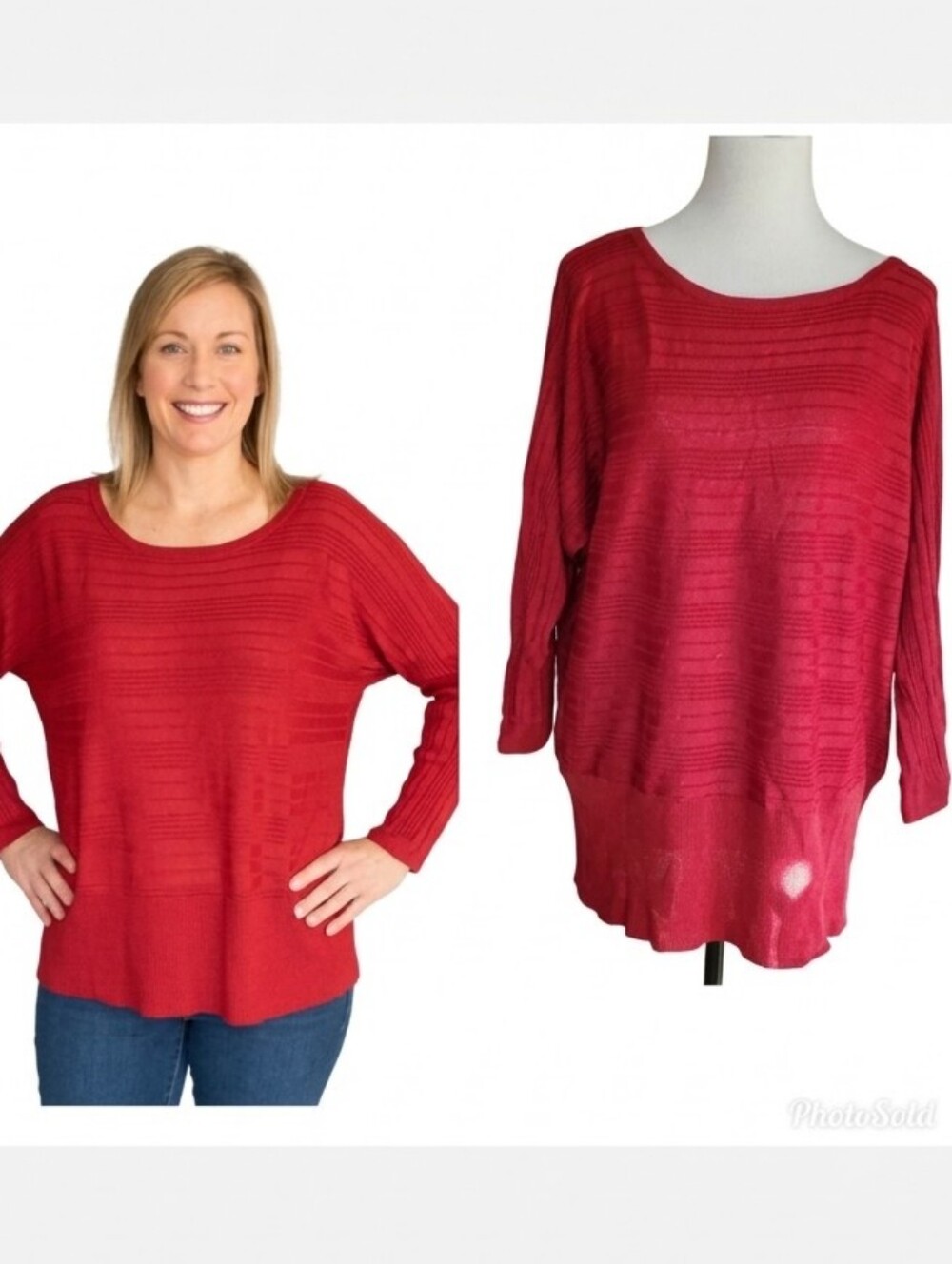 Women's red shimmery striped drop shoulder slouchy sweater size extra large XL